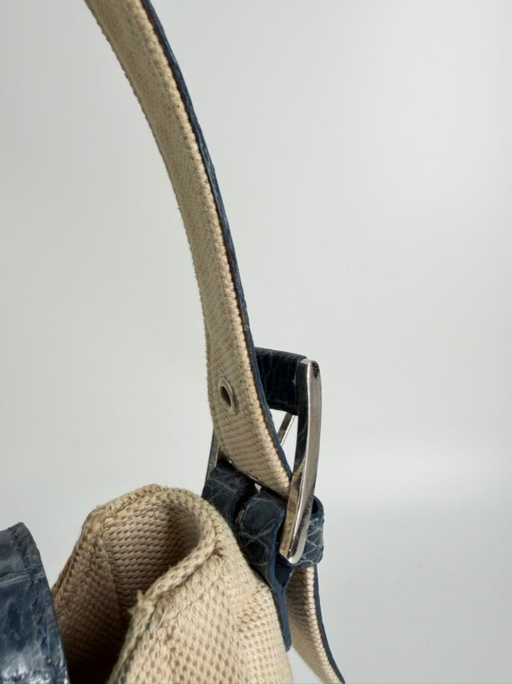 VINTAGE MARIO HERNANDEZ Canvas & Crocodile Embossed Leather Butterfly Shoulder Bag