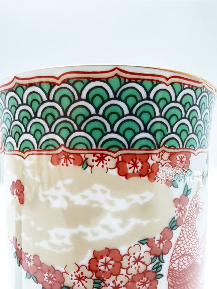 GUMPS Rust, White & Green Porcelain Set Of 12 Peacock Mugs