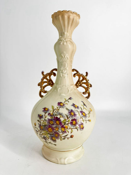 GERMANY-RUDOLSTADT Cream & Purple Flowers Porcelain Vase