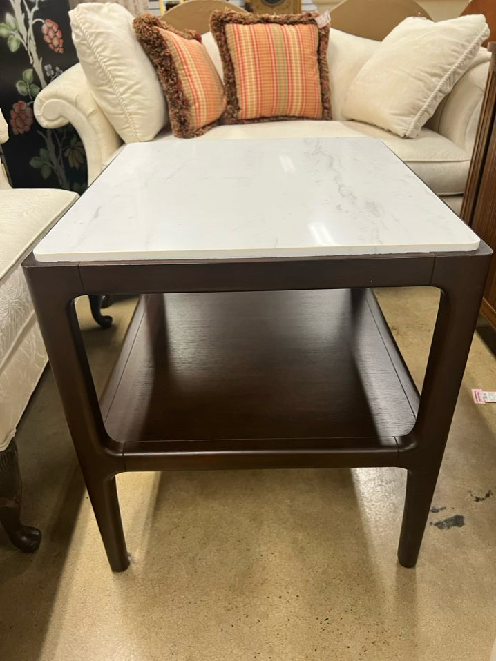 Brown & White Wood & Stone End Table