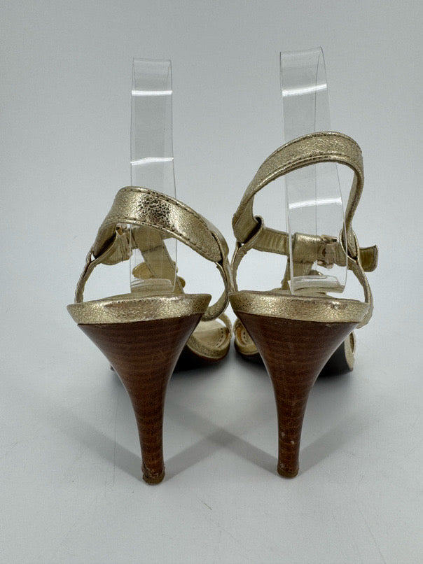 COACH Size 8.5 Gold Leather Chain & Coins Detail Heels