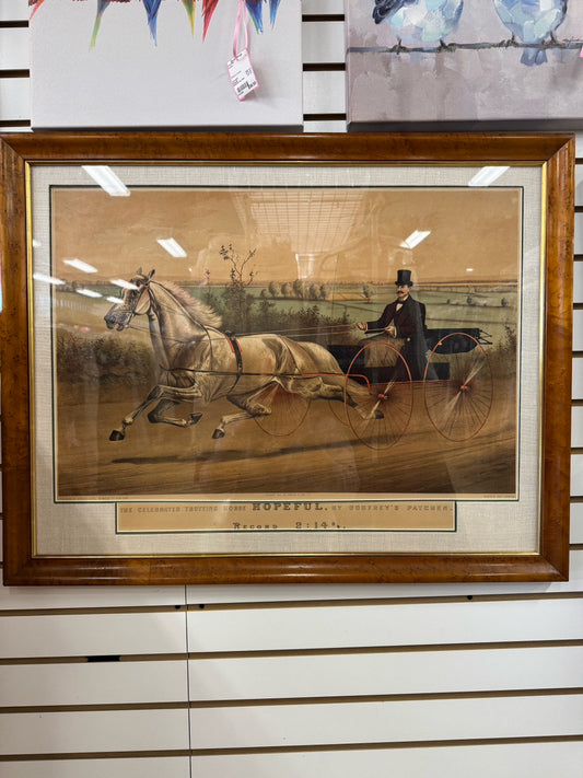 CURRIER & IVES "The Celebrated Trotting Horse Hopeful by Godfrey's Patchen" Lithograph in Wood Frame