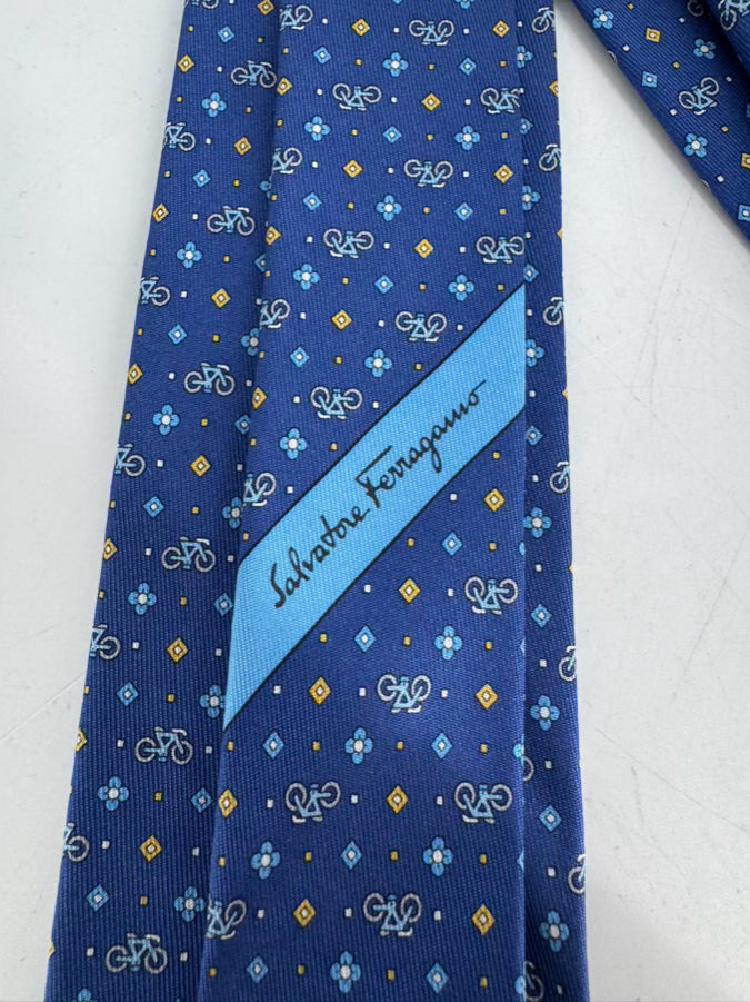 SALVATORE FERRAGAMO Blue Bicycle Silk Tie
