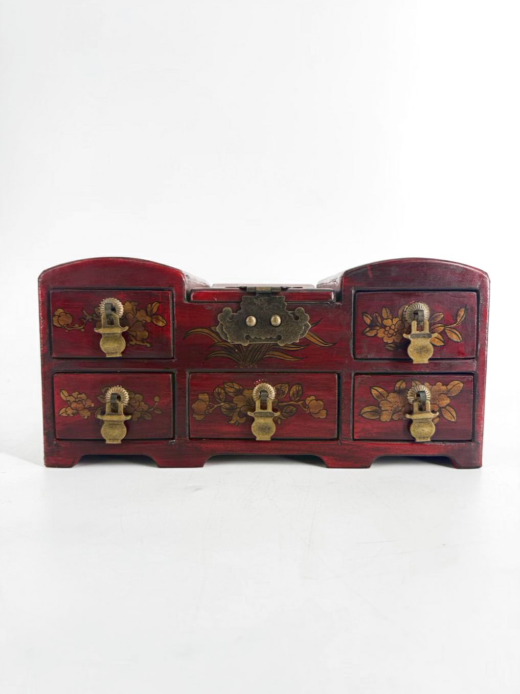 Red, Gold & Black Wood Hand painted Oriental Jewelry Box w/ Mirror
