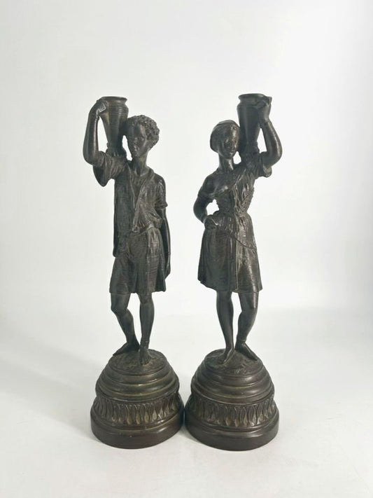 Spelter Man & Woman Figurines Pair of Candlestick Holders
