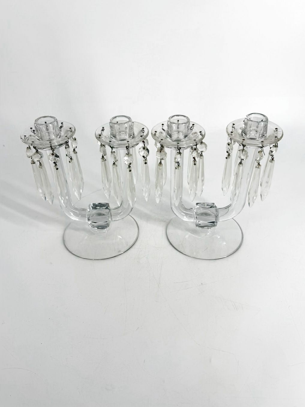 HEISEY Clear Glass Pair Of Candleholders w/ Babiches