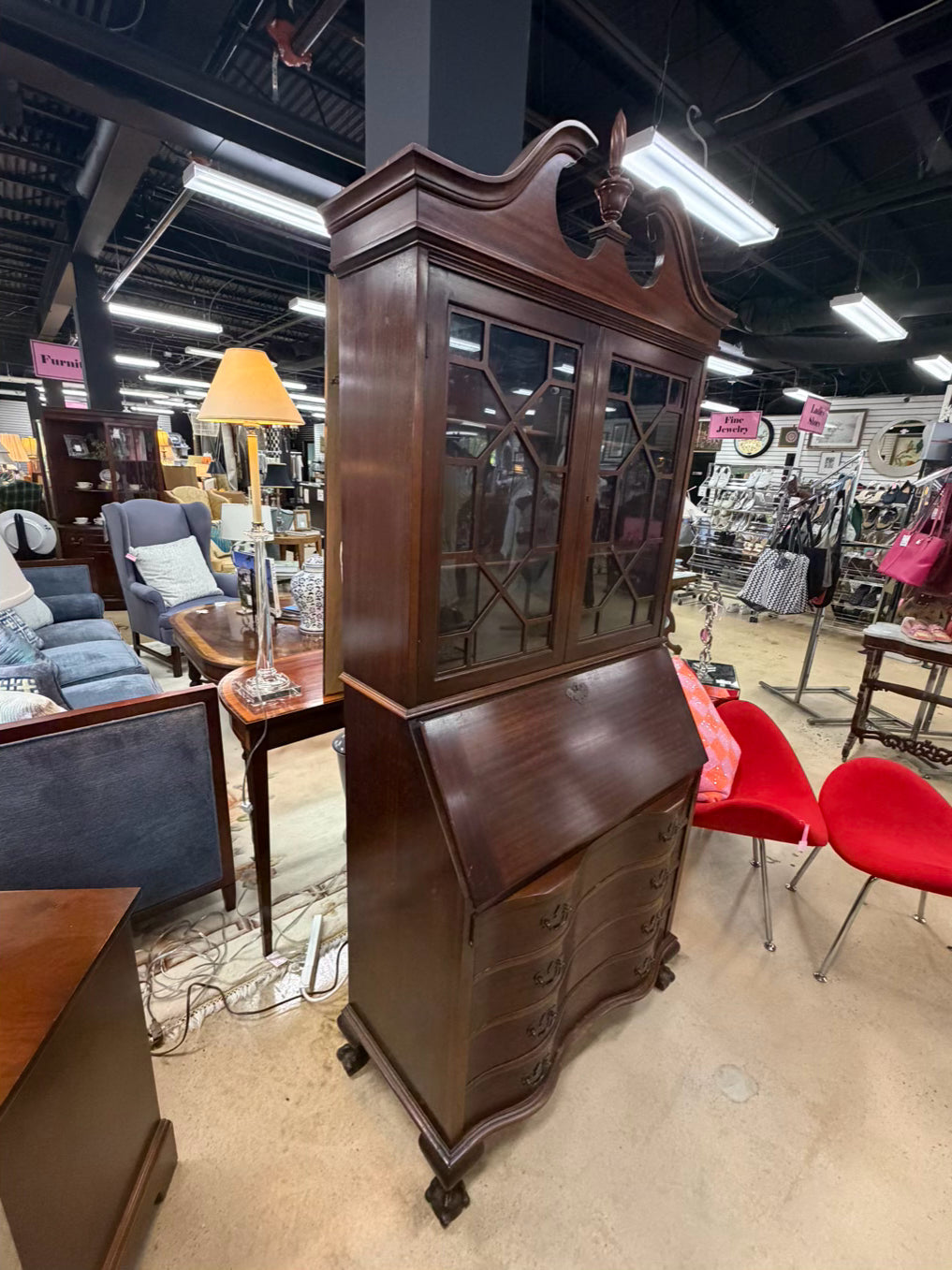 VINTAGE Dark Mahogany Secretary w/ Bookcase Top & Glass Doors