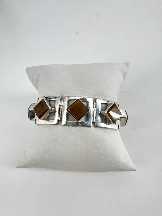 TAXCO MEXICAN STERLING SILVER Tigers Eye Mid-Century Bracelet