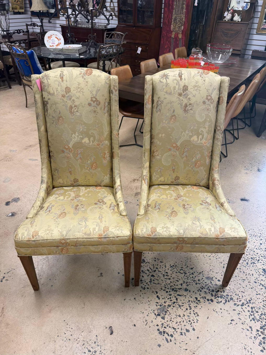 High back Armless Pair Of Chairs w/ Asian Jacquard Fabric