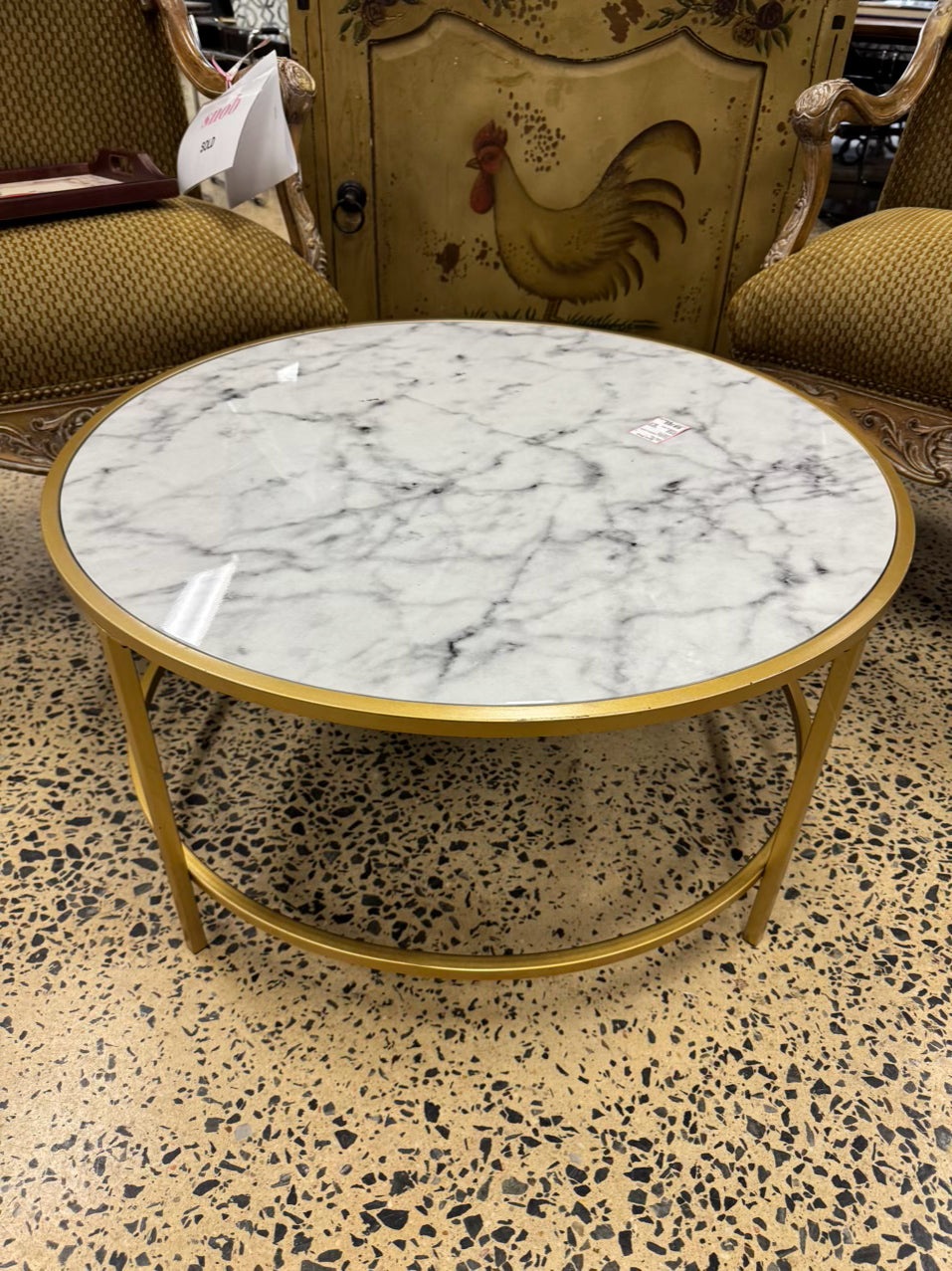 Gold & White Metal & Faux Marble Top Round Coffee Table