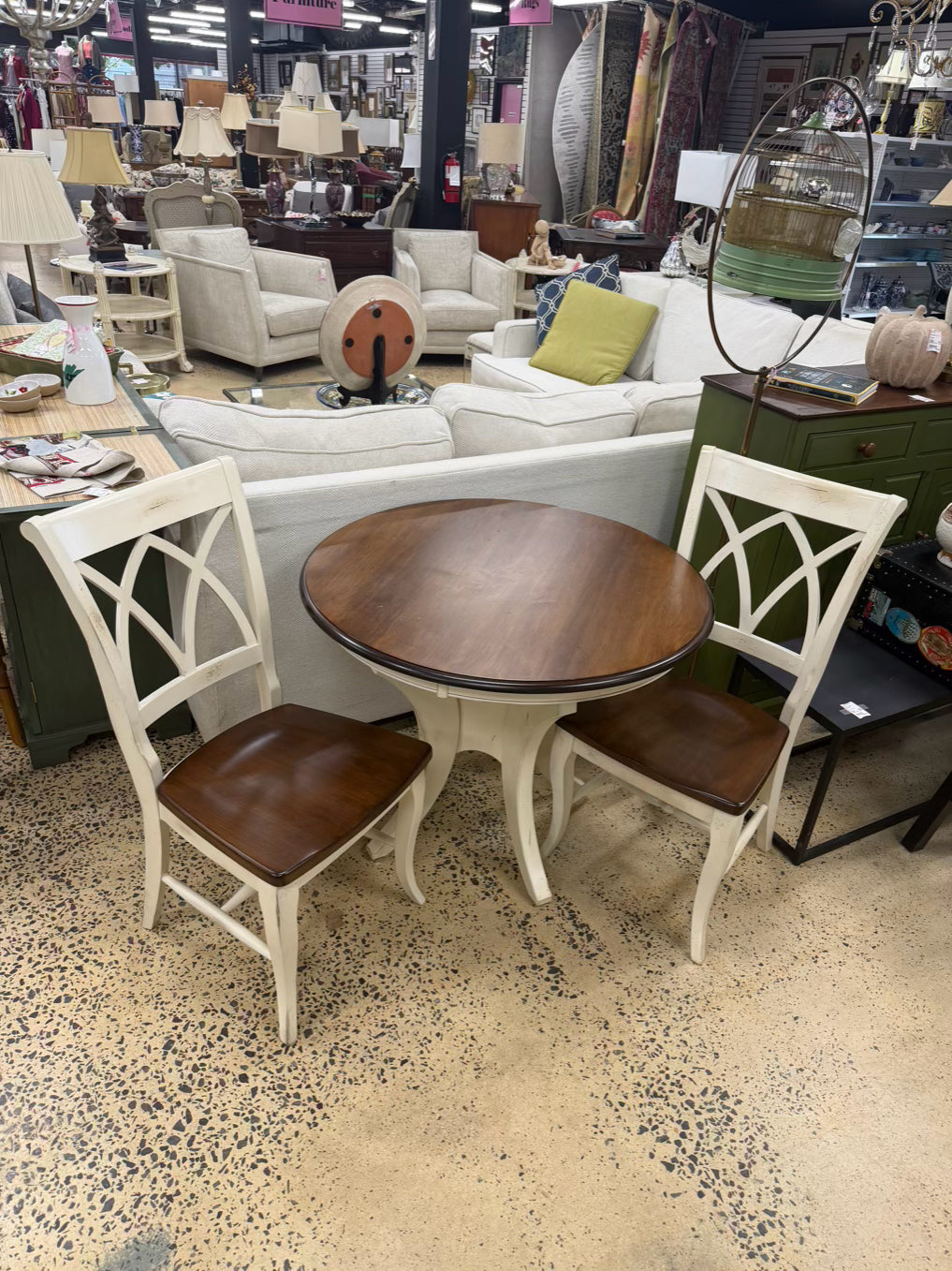 Brown & White Wood Round Table & 2 Chairs