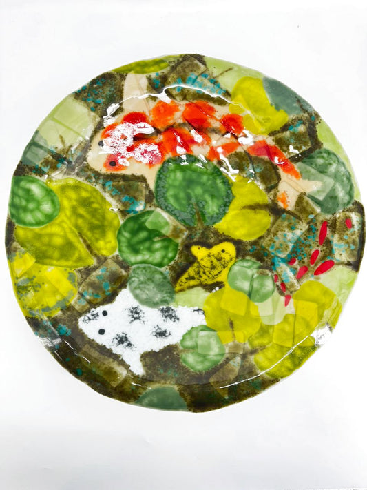Green & Orange Art Glass Fish Large Round Shallow Bowl