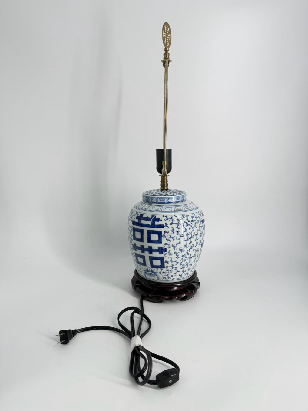 Blue & White Oriental Inspired Ceramic Ginger Jar Pair of Lamps w/ No Shades
