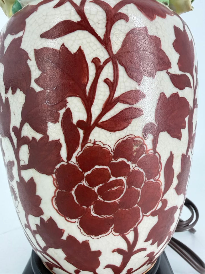 VINTAGE  Rust & Cream Ceramic Lamp w/ Flower Detail On Sides No Shade