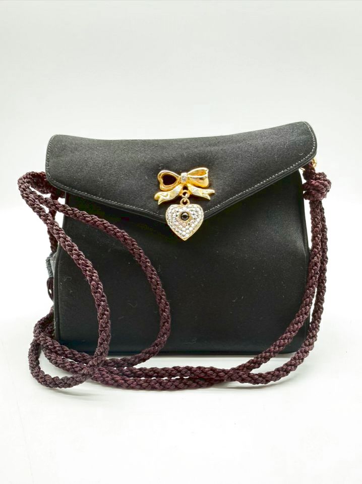 JUDITH LEIBER Black Satin Evening Bag w/ Gold Tone Heart Clasp