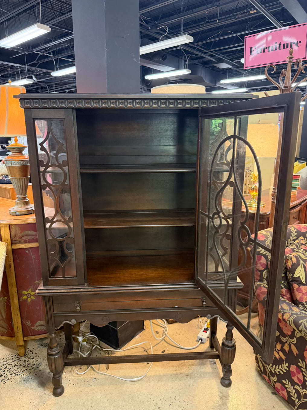 VINTAGE Dark Wood China Cabinet w/ Glass Door