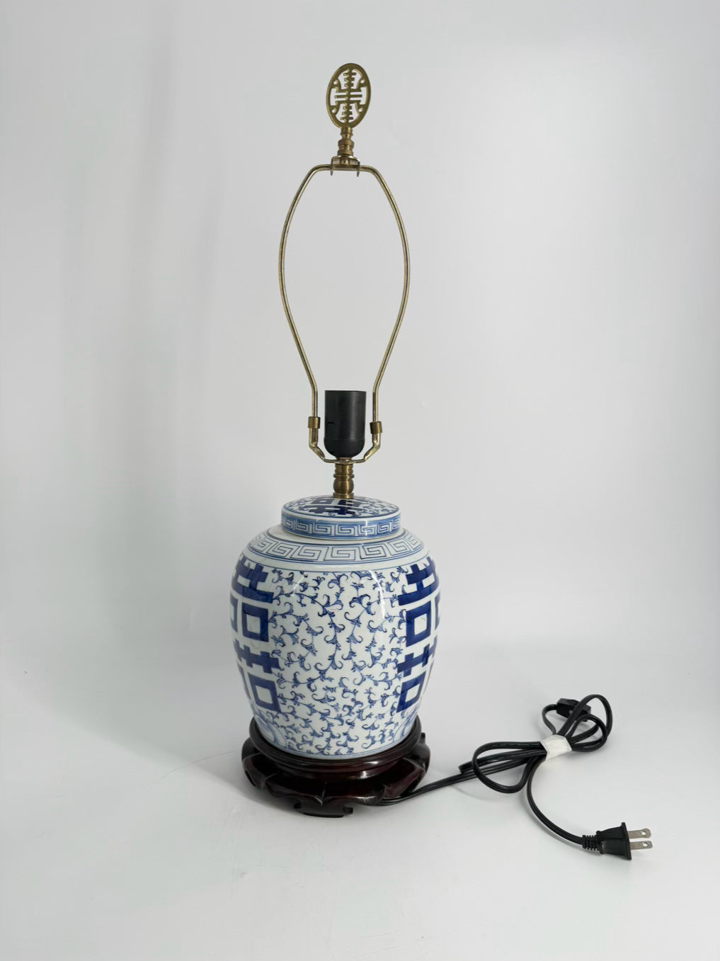 Blue & White Oriental Inspired Ceramic Ginger Jar Pair of Lamps w/ No Shades