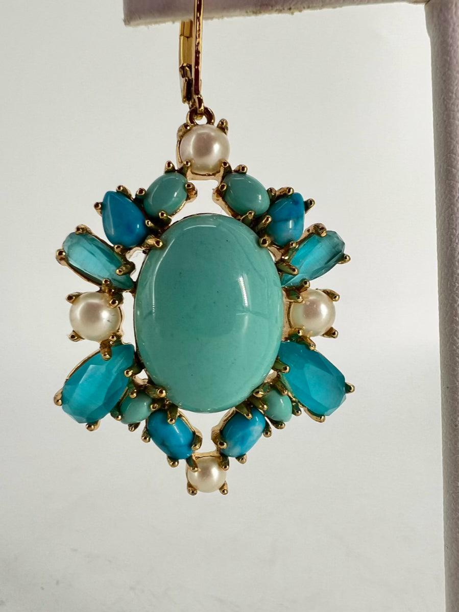 KATES SPADE Blue Rhinestone Faux Pearl Gold Tone Earrings