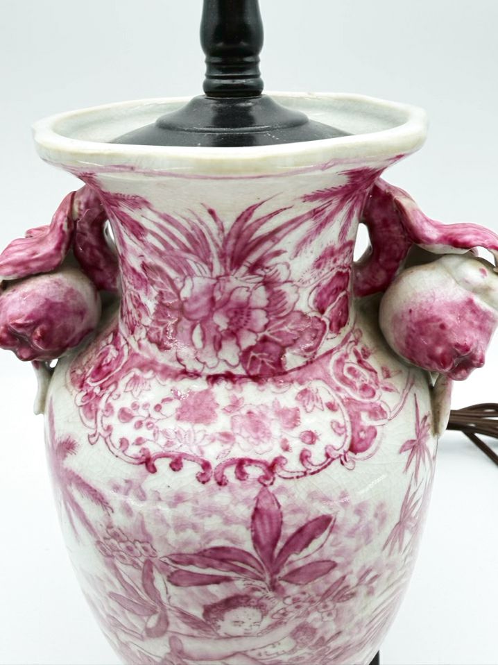Pink & White Chinoiserie Porcelain Jar Lamp On Brown Wooden Base