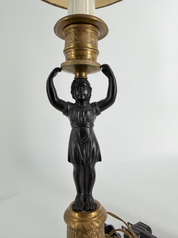 Brass & Bronze Candlestick Classical Rival Figural Pair of Lamps w/ Shades