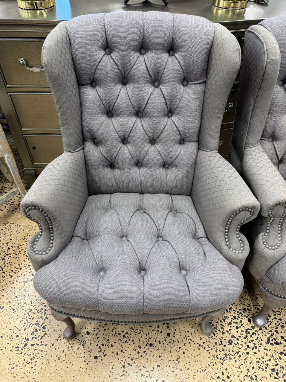 Gray Tufted Wingback Pair of Chairs