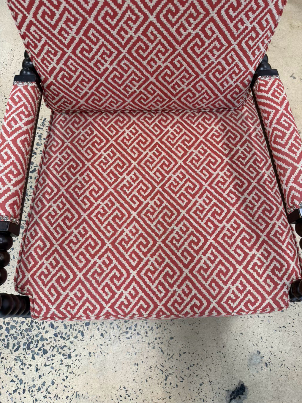 Wood Spindle Pair Of Chairs w/ Rust & White Fabric