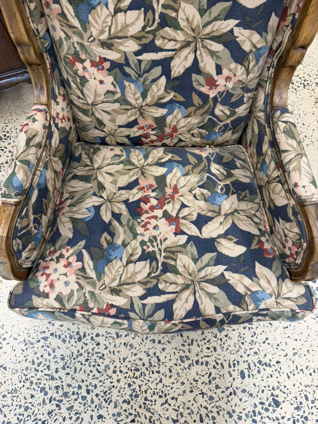 VINTAGE Blue, Red, & Cream French Floral Fabric Chair
