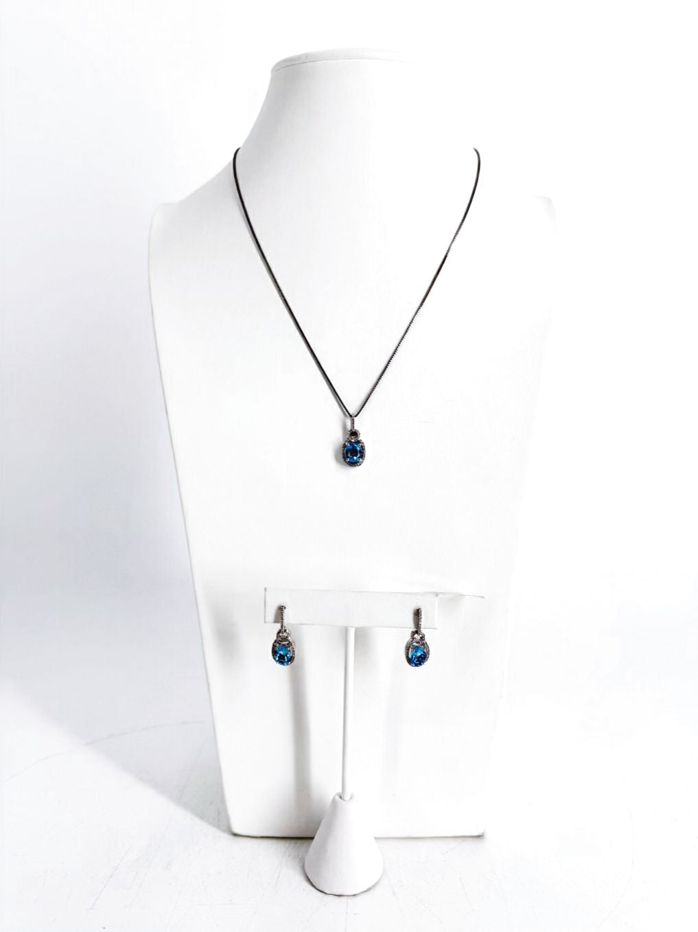 STERLING SILVER Blue Topaz & Diamond Oval Necklace & Earring Set