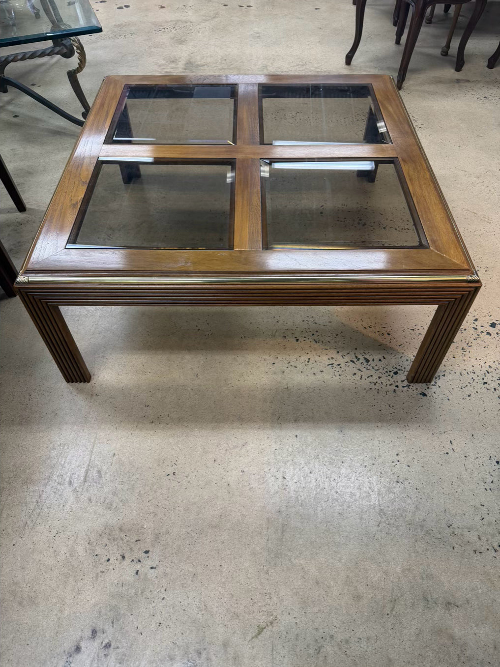 HOLLYWOOD REGENCY Medium Brown Wood & Glass Coffee Table w/ Brass Accents