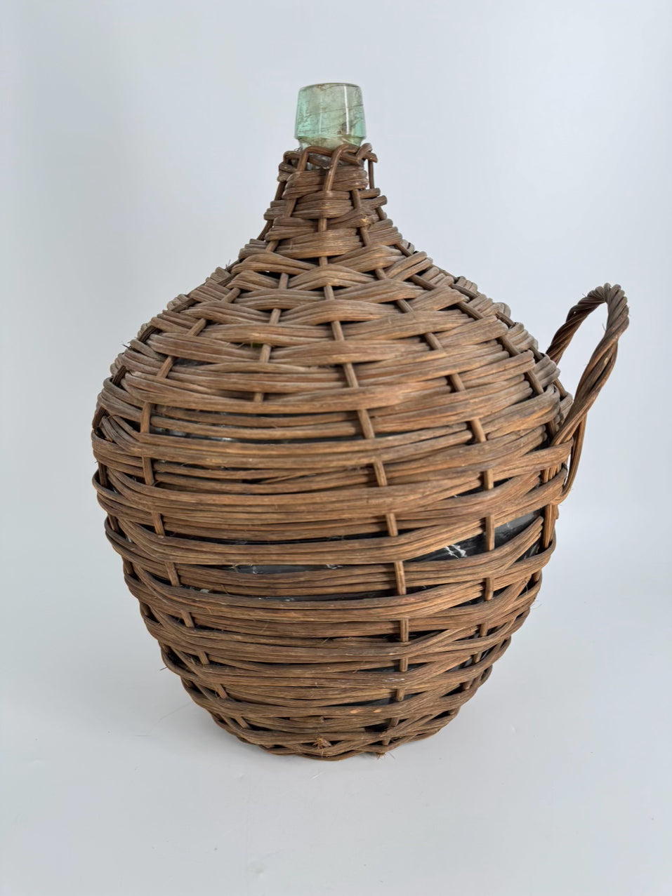 VINTAGE Brown & Green Wicker & Glass Wine Bottle Woven Carrier