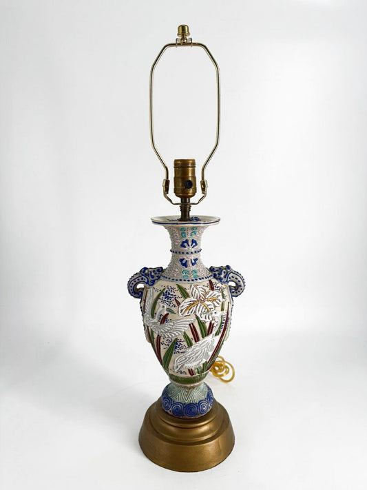 Cream, Blue & Green Japanese Satsuma Porcelain Lamp w/ No Shade