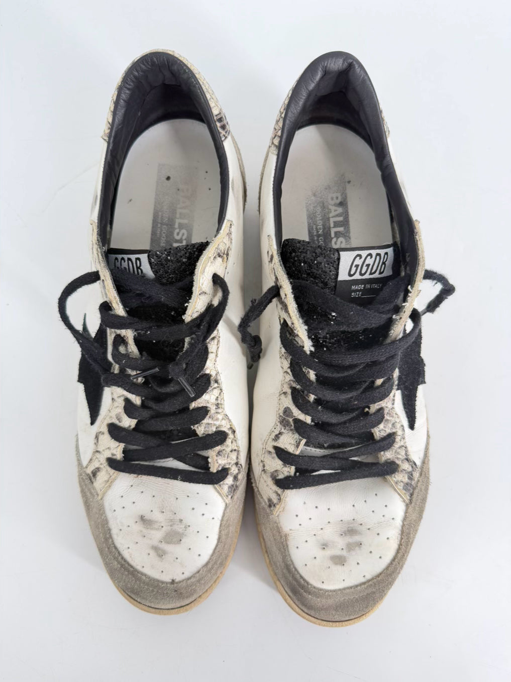 GOLDEN GOOSE Size 45 White & Black Leather Sparkle Sneakers