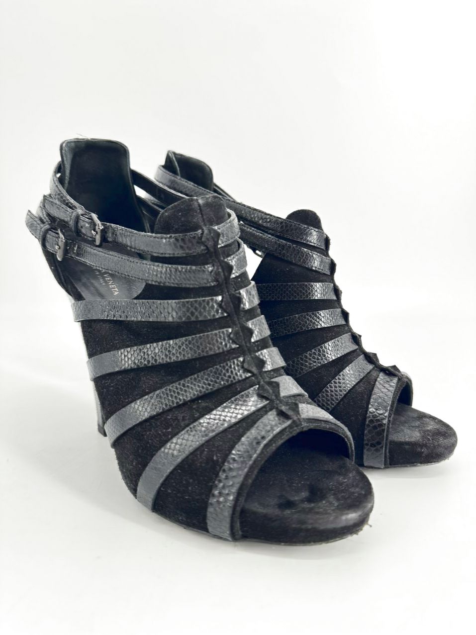 BOTTEGA VENETA Size 40 Black Suede & Embossed Leather Strappy Peep Toe Heels