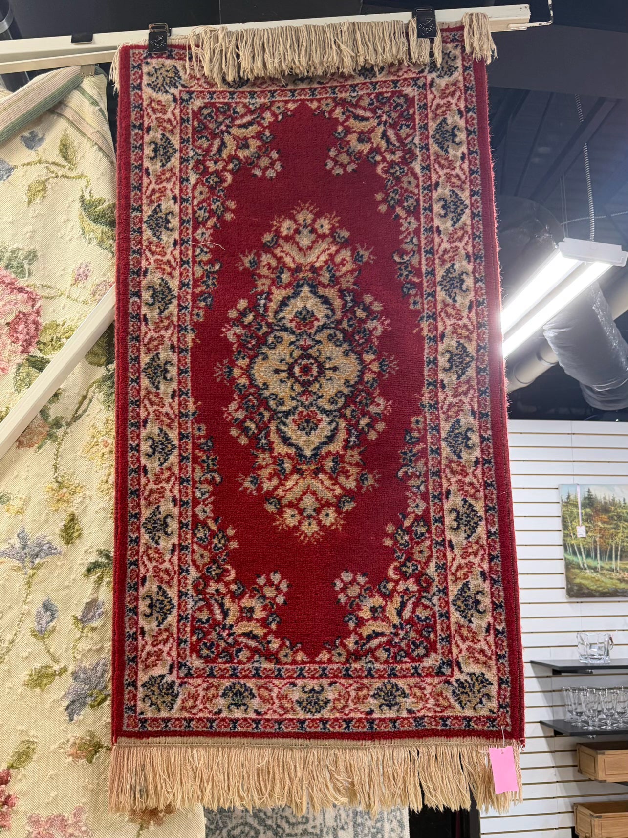 Oriental Red, Cream & Blue Area Rug w/ Fringe