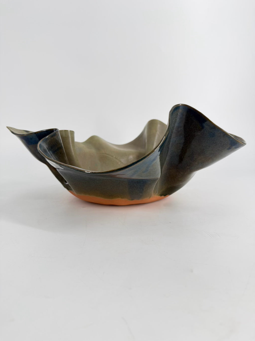 SIGNED Green & Blue Pottery Large Leaf Bowl