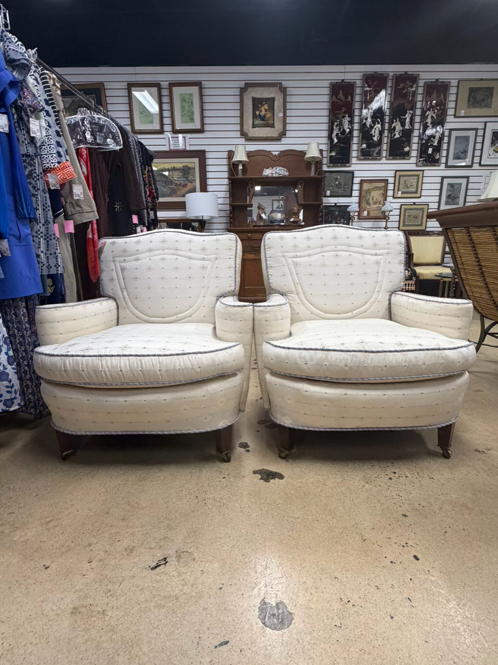 VINTAGE French White, Pink & Blue Pair Of Chairs w/ Braid Trim
