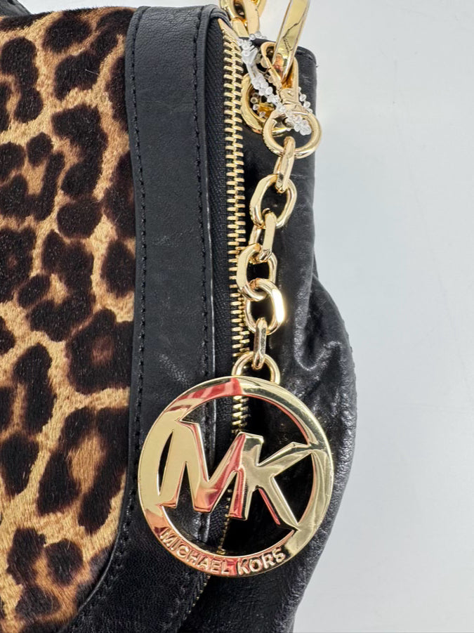 MICHAEL KORS Black Leather & Leopard Print Calf Hair Trim Stanthorpe Satchel