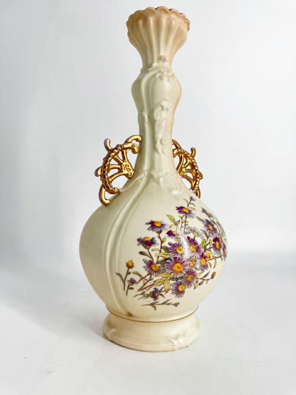 GERMANY-RUDOLSTADT Cream & Purple Flowers Porcelain Vase