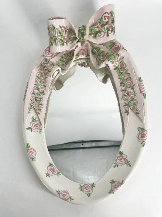 White, Pink & Green Ceramic Small Oval Bow Mirror