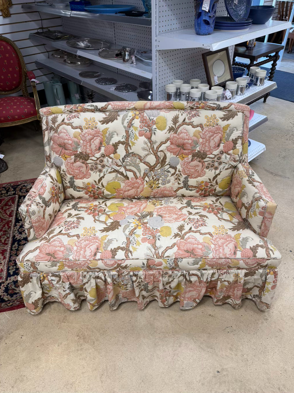 VINTAGE Cream, Shrimp & Tan Floral Quilted Love Seat