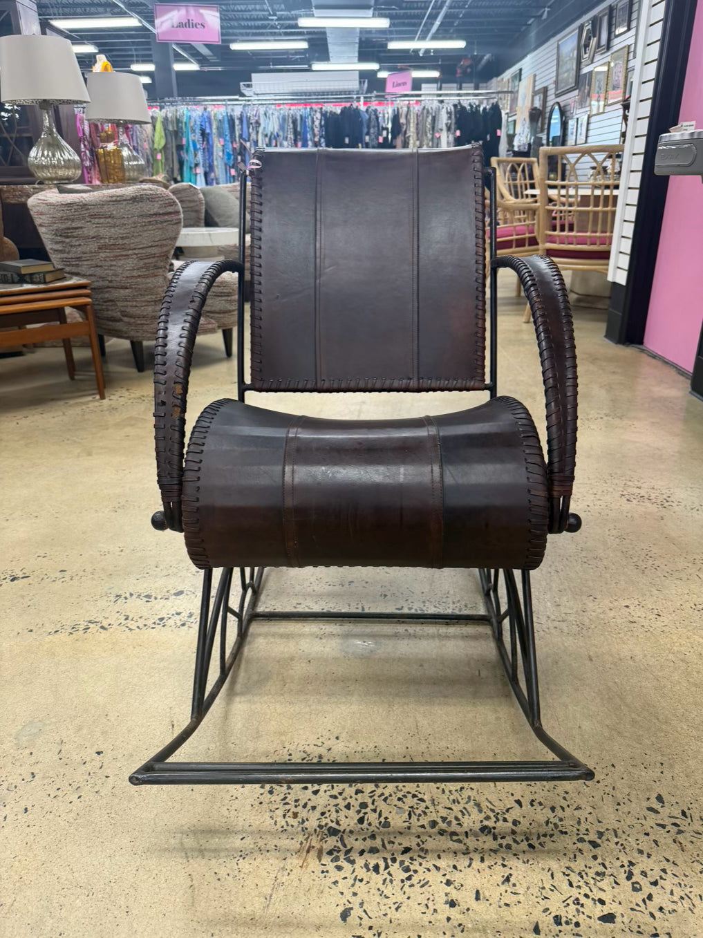 Brown Leather & Metal Rocking Chair