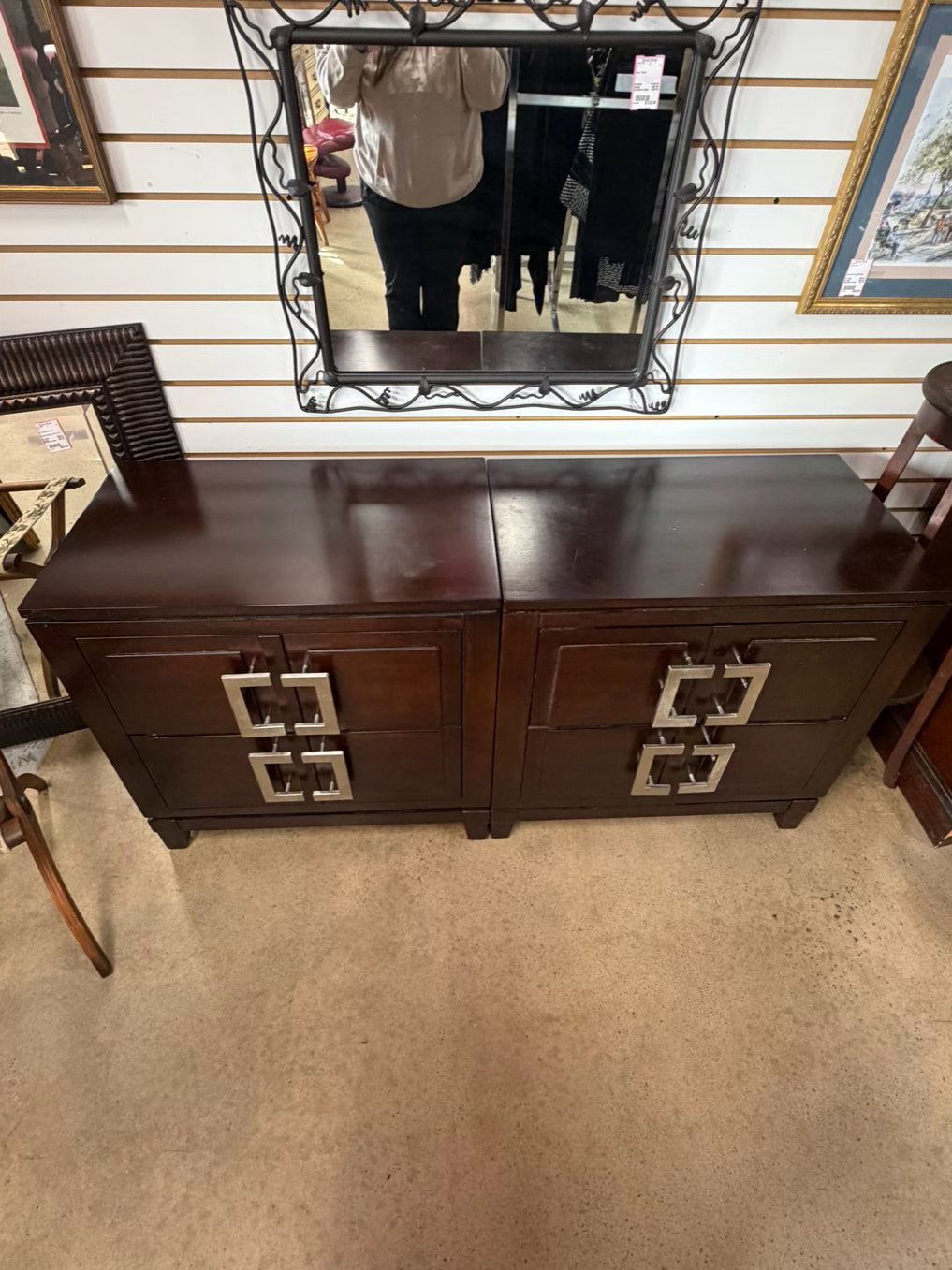 Dark Wood Pair of End Tables w/ Silver Metal Handles