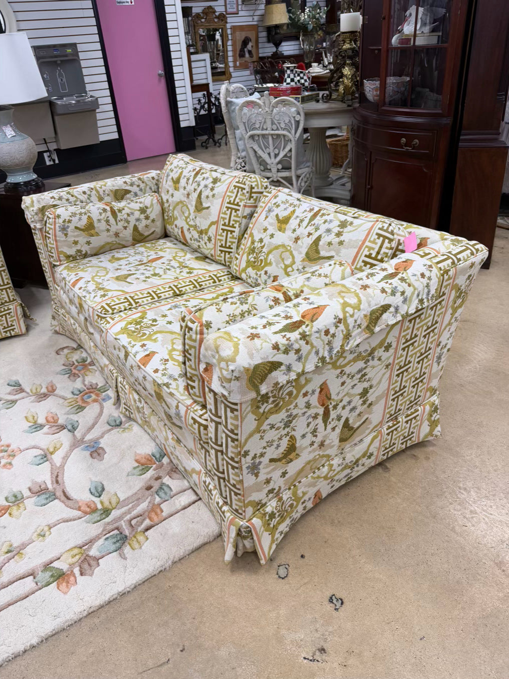 VINTAGE Cream, Gold, Green & Rust Birds Love Seat w/ 2 Cushions