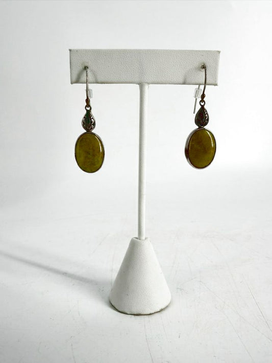STERLING SILVER Green Apple Turquoise Oval Dangle Earrings