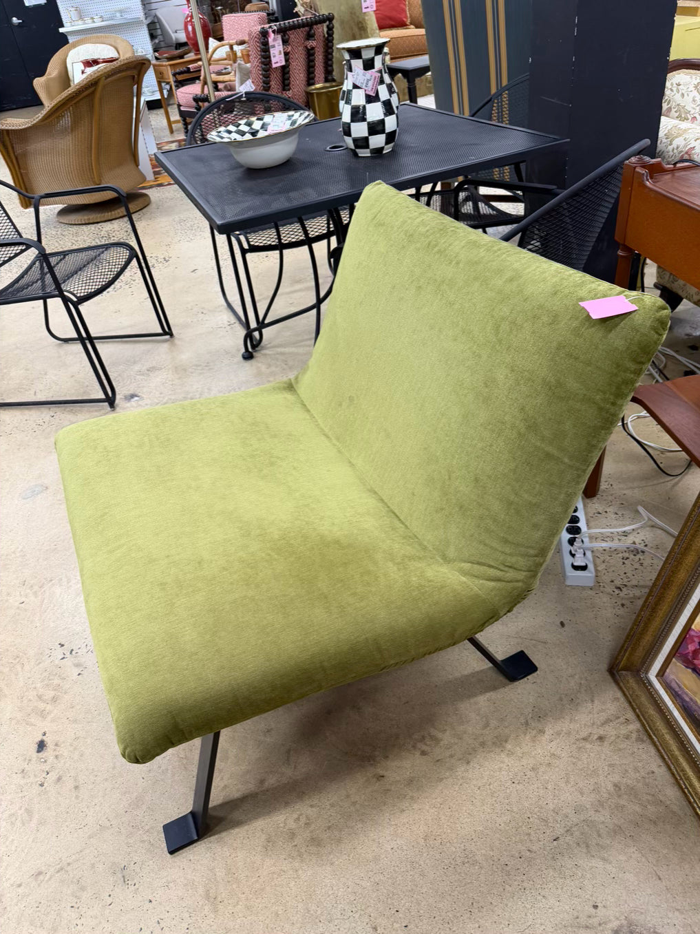 Green Armless Chair w/ Black Iron Legs