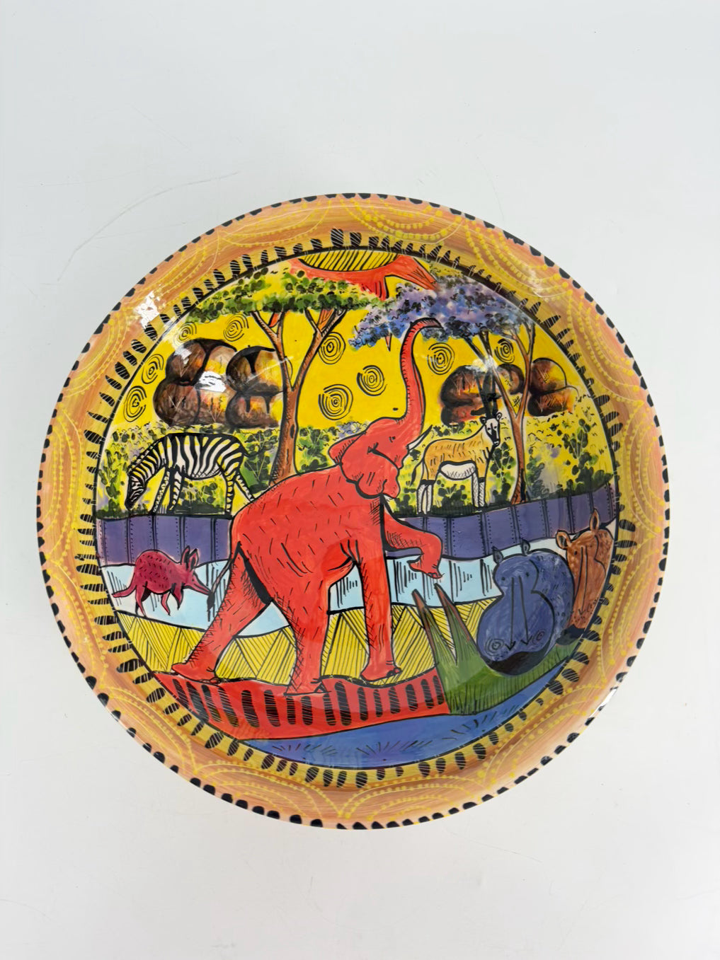 ZIMBABWE Multi Colored Hand Painted Jungle Animals Ceramic Bowl