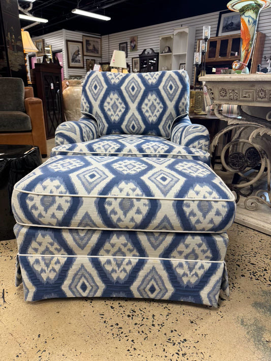 Blue & White Geometric Club Chair & Ottoman