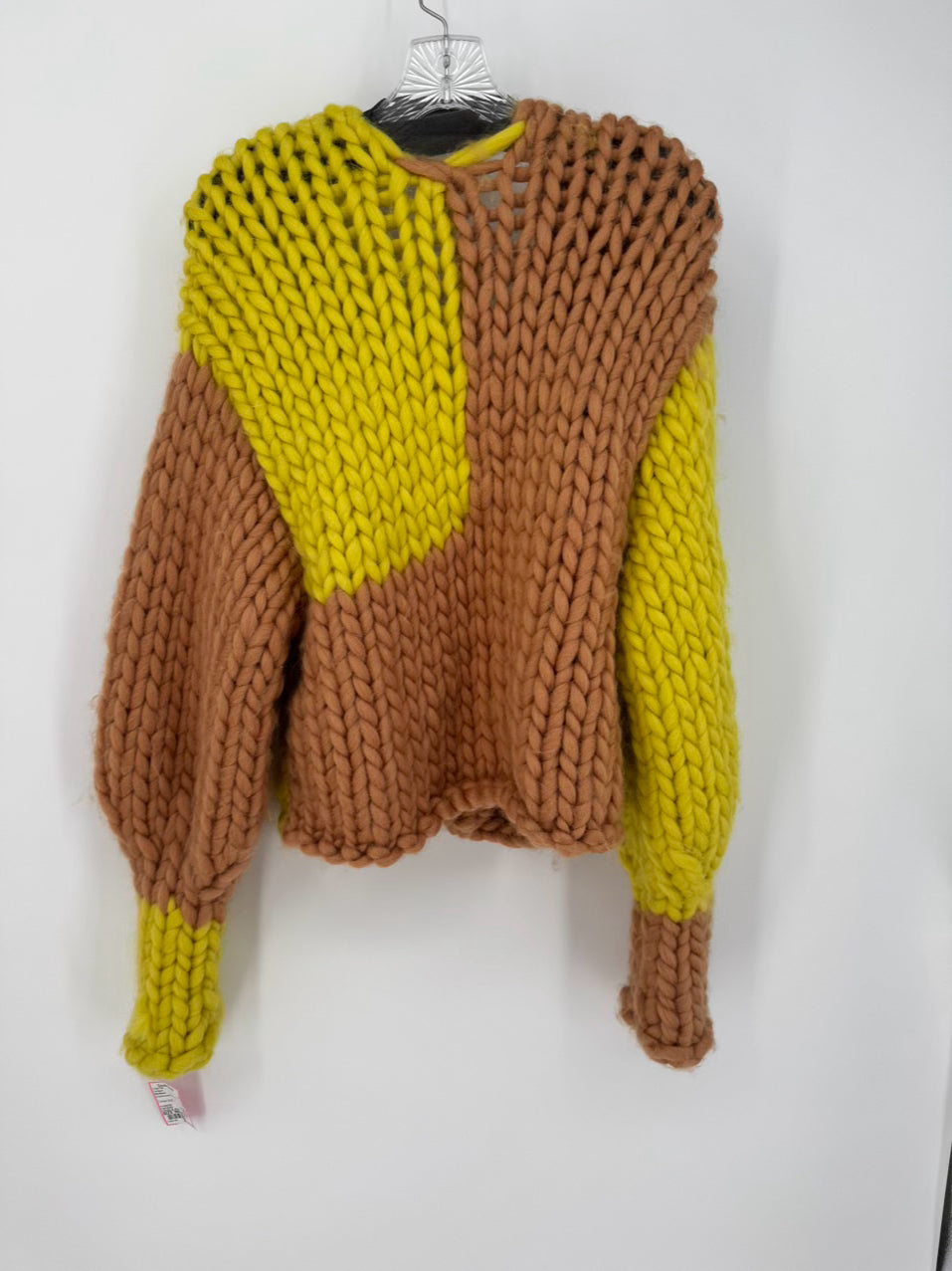 Size S Handmade Chartreuse & Tan Knit Cardigan