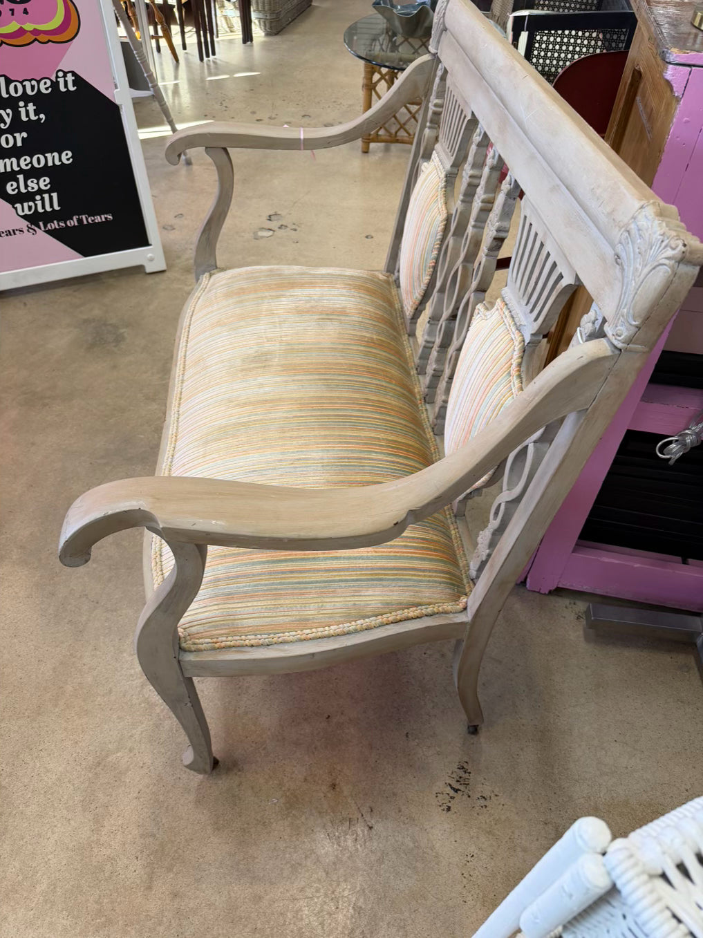 VINTAGE Gray Wood Painted French Bench
