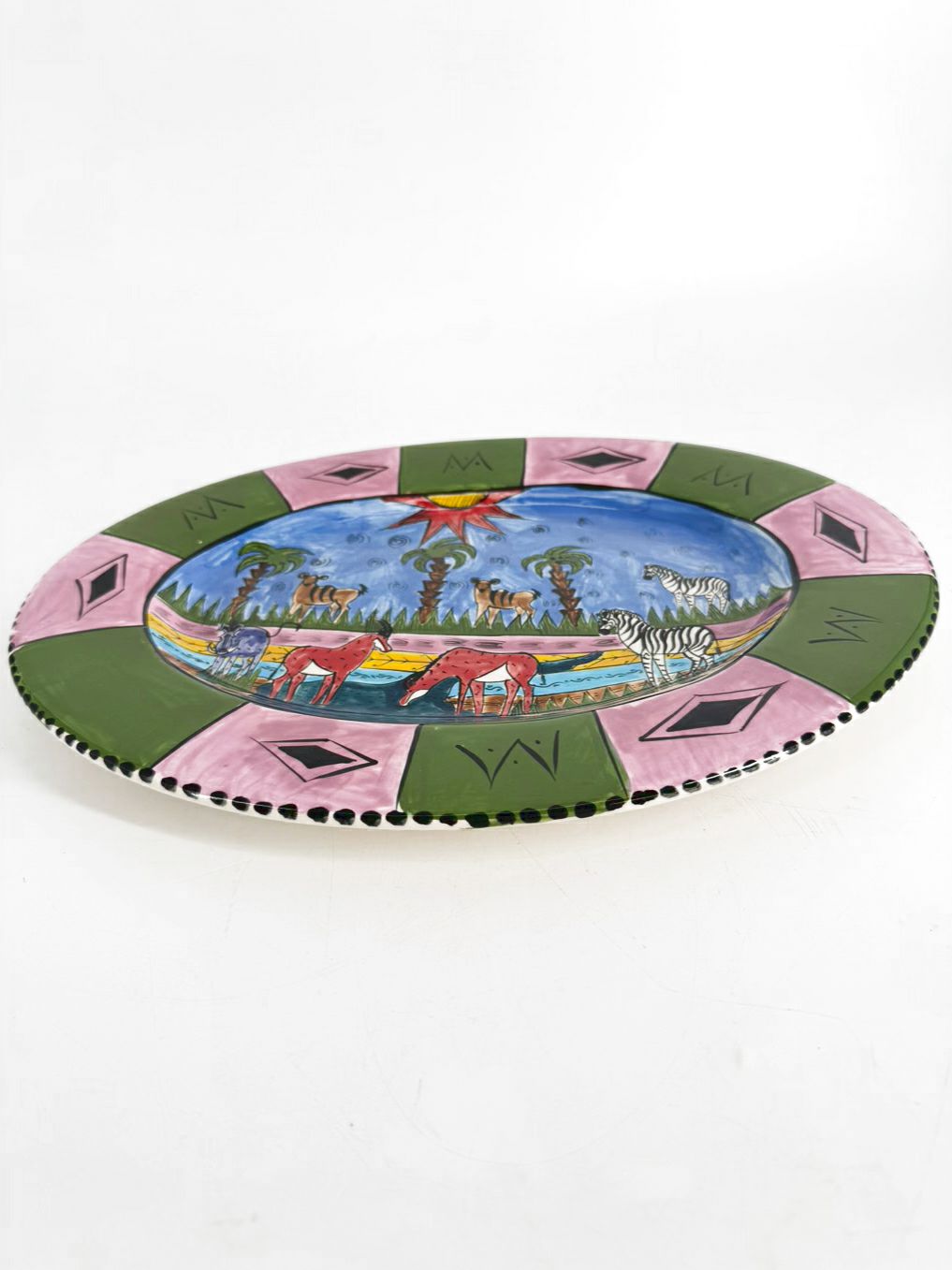 ZIMBABWE Multi Colored Hand Painted Jungle Animals Ceramic Platter